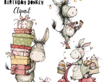 Whimsical Birthday Donkey Clipart, Quirky Party Animals PNG, Celebration Graphics (Commercial Use)