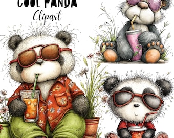 Whimsical Summer Panda Quirky Animal Clipart PNG, Sunglasses Cold Drink Watercolor Illustration, Commercial Use