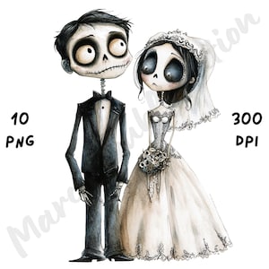 10 PNG de pareja gótica de boda peculiar, dibujo animado caprichoso de un amante espeluznante, clip art romántico de acuarela para manualidades de papel, diario basura