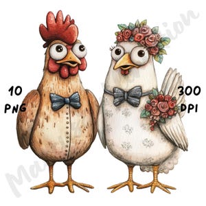 10 imágenes PNG de una peculiar pareja de pollos en una boda, un animal de dibujos animados caprichoso, un gallo romántico en acuarela para manualidades de papel, diario basura
