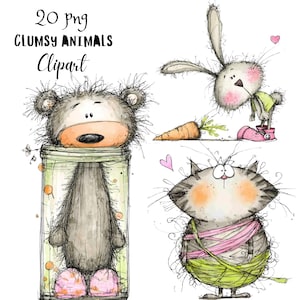 Könnte beinhalten: Verspieltes digitales Clipart mit einem Bären in einem Glas, einem Hasen mit einer Karotte und einer Katze mit einem rosa und grünen Schal. Der Text "20 png CLUMSY ANIMALS Clipart" steht oben. Illustrationen im handgezeichneten Stil.