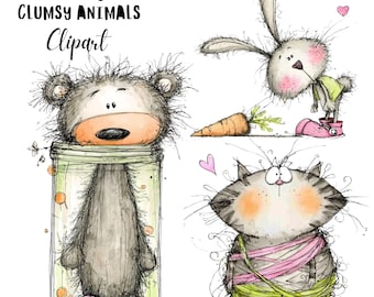 Whimsical Clumsy Animals Clipart Set: 20 PNG Quirky Funny Illustration (Digital Download)