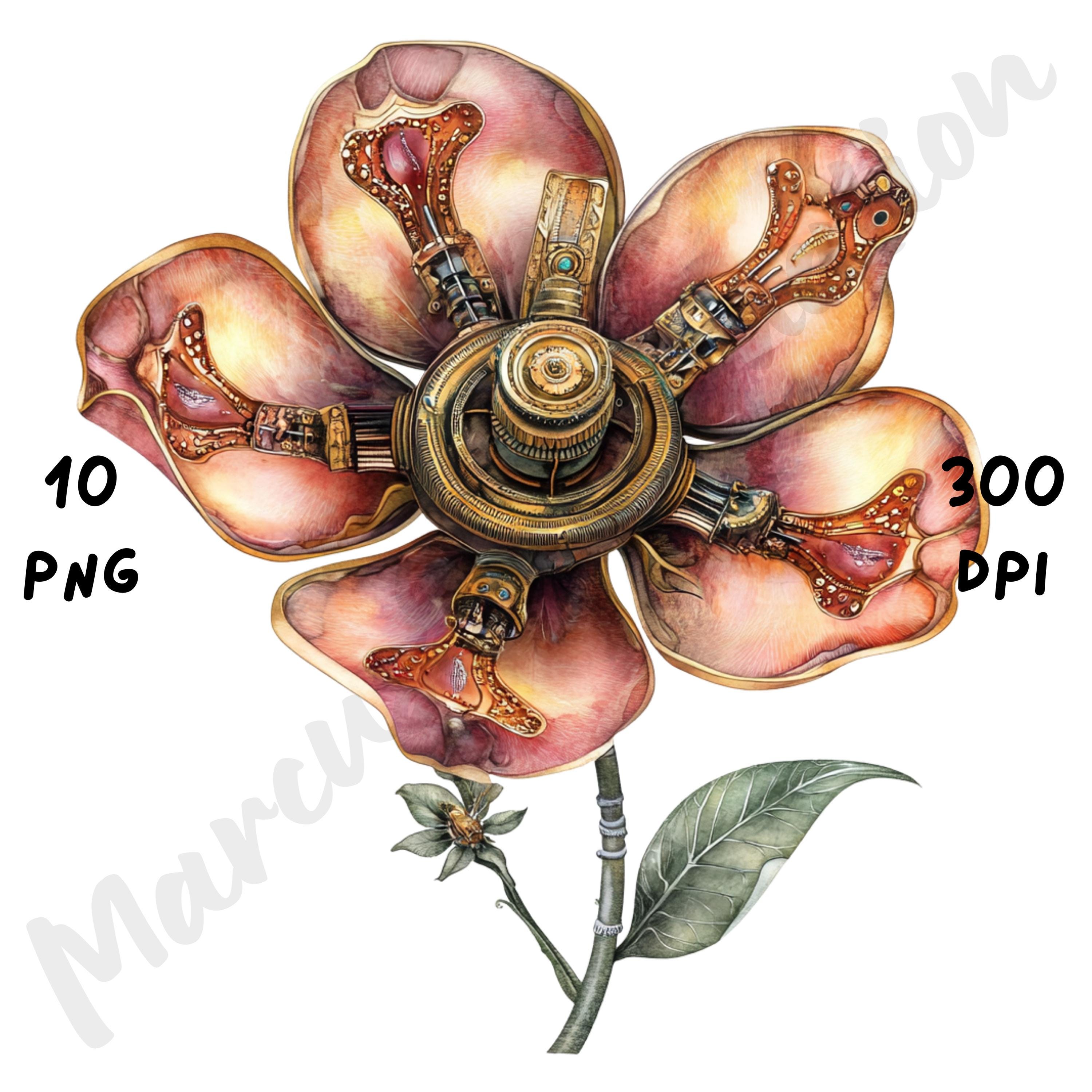 10 PNG Steampunk Spring Flower Clipart – Mechanical Floral ...