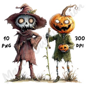 10 PNG Quirky Halloween Zombie and Scarecrow Clipart, Watercolor Cartoon Spooky Sublimation, Whimsical Halloween Decoration, Creepy Cute png