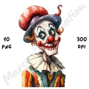 10 PNG Quirky Clown Clip Art, Whimsical Carnival Clown png, Funny Watercolor Circus, Junk Journal, Scrapbook, Paper Craft, Digital Download