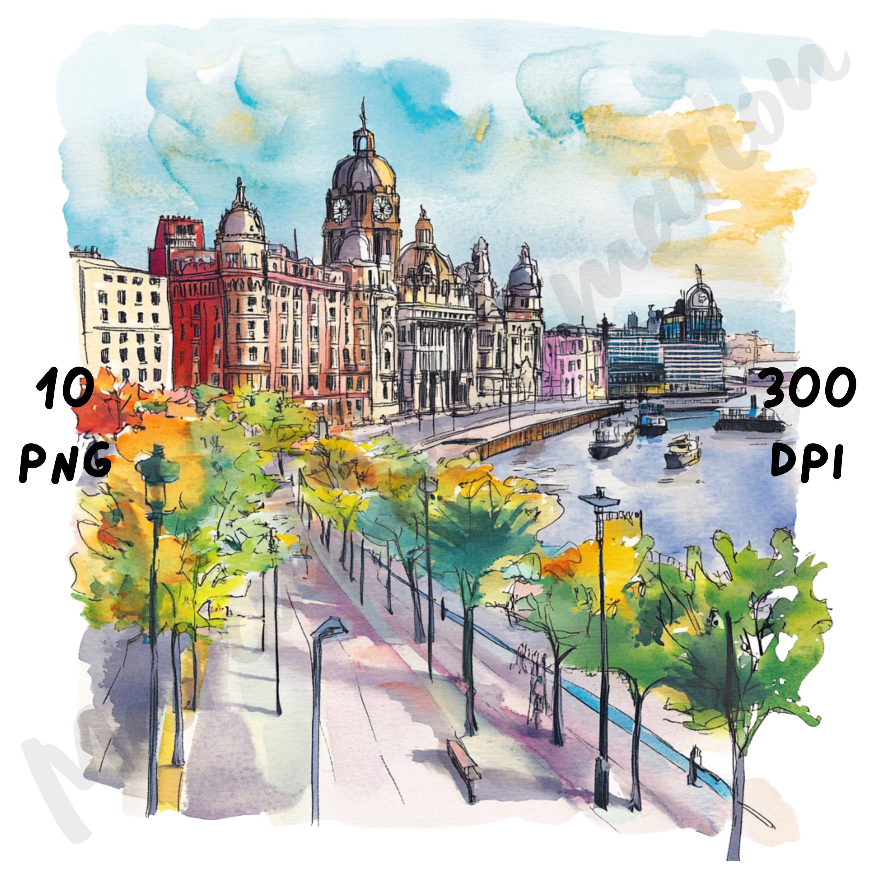 10 PNG Quirky Liverpool Scene Clipart, Watercolor British View ...