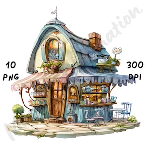 10 imágenes PNG de una peculiar tienda de té: divertidas y extravagantes escenas de la hora del té PNG para revistas, álbumes de recortes, tarjetas y manualidades digitales.