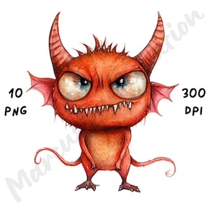 10 PNG de diablitos peculiares, sublimación divertida y caprichosa de Halloween, imágenes prediseñadas de demonios de acuarela para revistas basura y álbumes de recortes
