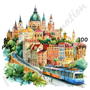 10 imágenes PNG de escenas peculiares de Budapest, vista en acuarela de la ciudad de Budapest, paisaje urbano húngaro caprichoso, imágenes prediseñadas de paisajes, arte de viajes de dibujos animados