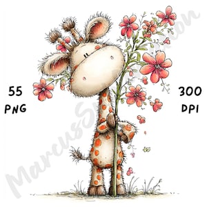 Puede incluir: Ilustraci&oacute;n caprichosa de una jirafa sosteniendo una rama florida con flores rosas. La jirafa tiene una cara color crema y manchas naranjas. La imagen incluye el texto "55 PNG" y "300 DPI".