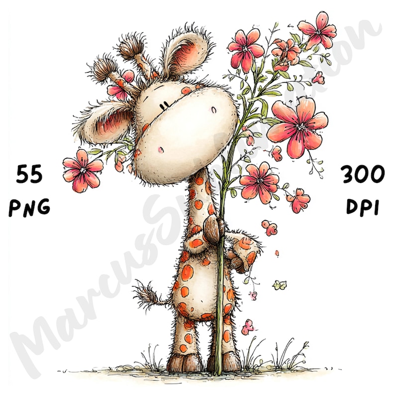 Puede incluir: Ilustraci&oacute;n caprichosa de una jirafa sosteniendo una rama florida con flores rosas. La jirafa tiene una cara color crema y manchas naranjas. La imagen incluye el texto "55 PNG" y "300 DPI".