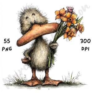 Puede incluir: Ilustraci&oacute;n de un pato sosteniendo un ramo de narcisos naranjas y amarillos. El pato tiene un pico grande de color naranja y est&aacute; de pie sobre hierba. Incluye el texto "55 PNG" y "300 DPI".