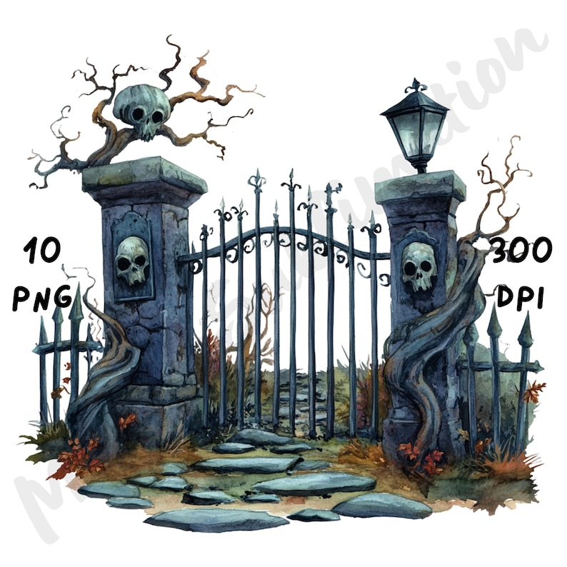 10 PNG Quirky Graveyard Gate Clipart, Watercolor Cartoon Halloween ...
