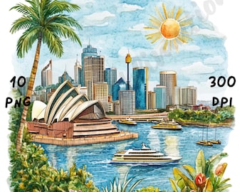 10 PNG Clipart di scene eccentriche di Sydney, Vista della città di Sydney ad acquerello, Paesaggio urbano australiano stravagante, ClipArt di paesaggi, Arte di viaggio dei cartoni animati