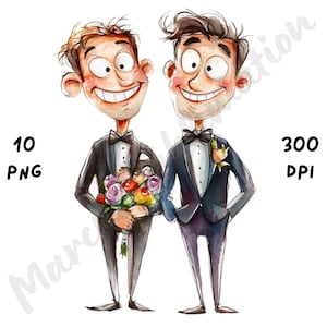 10 imágenes PNG de pareja gay de boda peculiar, imágenes PNG de dibujos animados LGBTQ, imágenes prediseñadas de acuarela imprimibles, invitación de boda, descarga instantánea