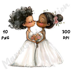 10 PNG de pareja de lesbianas negras de boda peculiares, PNG de dibujos animados LGBTQ, acuarela imprimible, invitación de boda, descarga instantánea