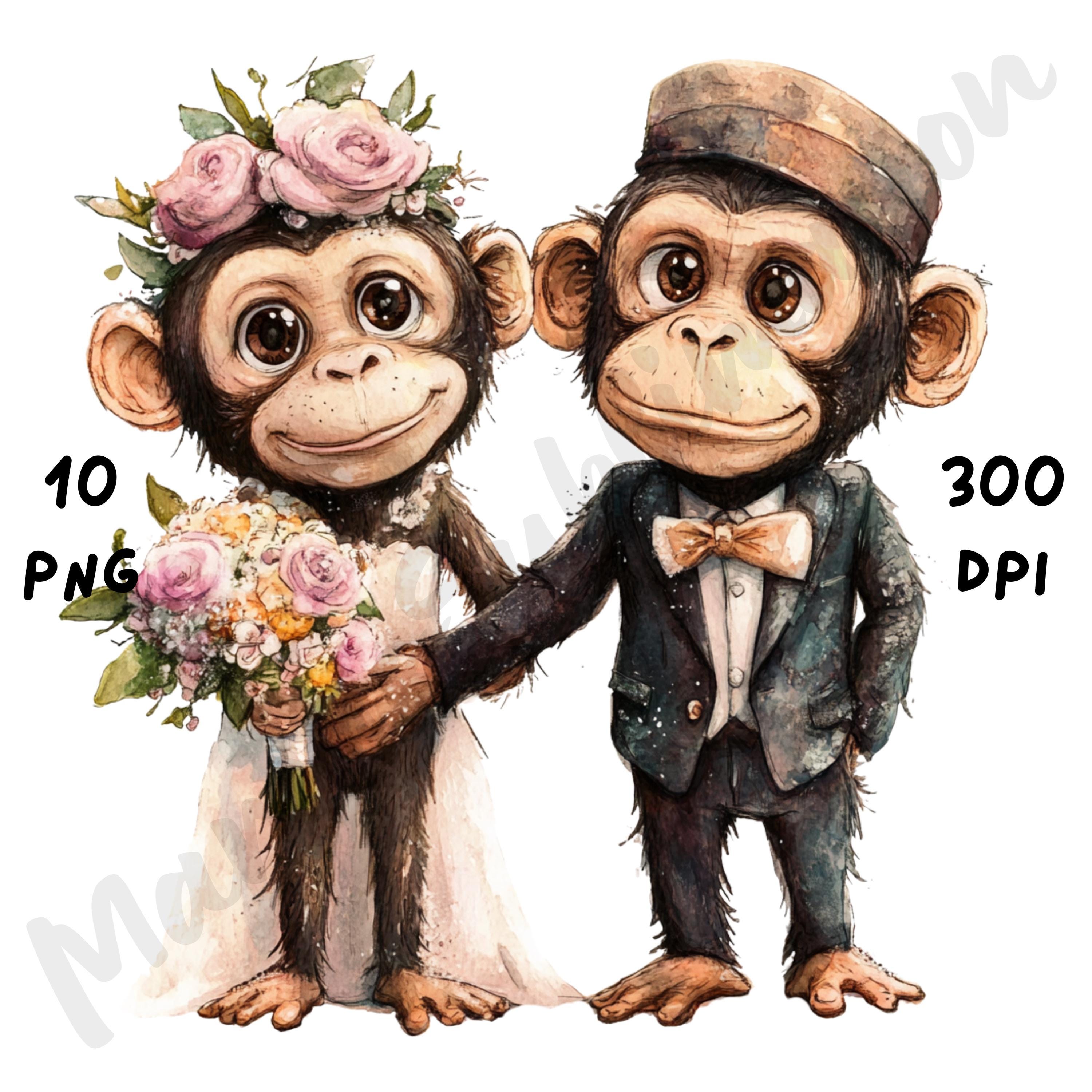 10 PNG Quirky Wedding Monkey Couple Clipart, Whimsical Cartoon Animal ...