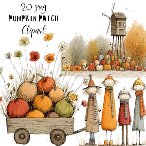 May include: A digital illustration set titled 20 png PUMPKIN PATCH Clipart featuring a wooden wagon filled with pumpkins and wildflowers, a windmill in a pumpkin field, and four stylized figures wearing scarves and hats in autumn colors.