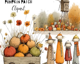 Fall Pumpkin Patch Whimsical Clipart Bundle, Autumn Harvest Pumpkin PNG Set, Storybook Illustration, Commercial Use, Digital Download