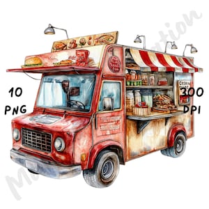 10 imágenes PNG de camiones de comida extravagantes, escenas de tienda extravagantes, tienda de comida rápida con dibujos en acuarela para revistas basura, álbumes de recortes y manualidades digitales.