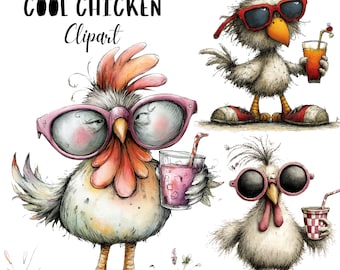 Whimsical Summer Chicken Quirky Animal Clipart PNG, Sunglasses Drink Watercolor Illustration, Commercial Use