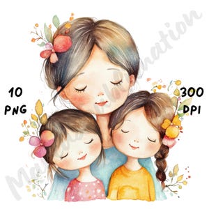 10 PNG Mother’s Day Clipart, Cute Whimsical Mom and Daughters Clipart, Happy Mother Day Sublimation, Watercolor Mom Day, Mother and Childs
