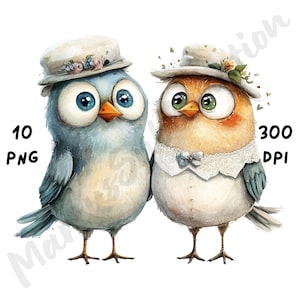 10 imágenes PNG de una peculiar pareja de pájaros en una boda, un animal de dibujos animados caprichoso, imágenes prediseñadas románticas de acuarela para amantes de los pájaros para manualidades de papel, diario basura