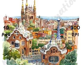 10 PNG Quirky Barcelona Scene Clipart, Watercolor Barcelona Cityscape, Whimsical City Landscape, Spain View, Cartoon Travel Art for Crafts