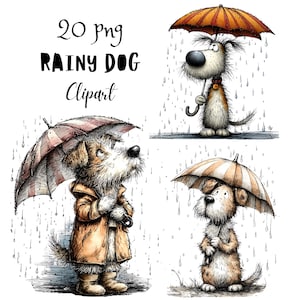 Rainy Dog Whimsical Clipart Bundle, Funny Spring Rain Animal Character PNG Set, Quirky Flowers Graphics (Commercial Use)