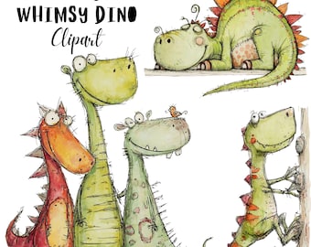 Whimsy Dino Clipart Set: 20 PNG Whimsical Storybook Illustration (Digital Download)