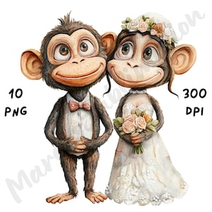10 imágenes PNG de una peculiar pareja de monos en una boda, animales de dibujos animados caprichosos, imágenes prediseñadas de monos románticos de acuarela para manualidades de papel, diario basura