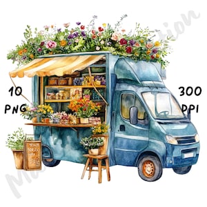 10 imágenes PNG de camiones de flores extravagantes, tienda de flores de dibujos animados, escena de tienda de acuarela para revistas, álbumes de recortes y manualidades digitales.