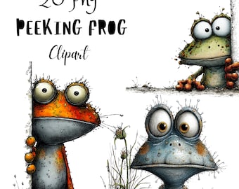 Peeking Frog Clipart, Quirky Peeker Pond Animal PNG Set, Whimsical Funny Creatures Graphics (Commercial Use)