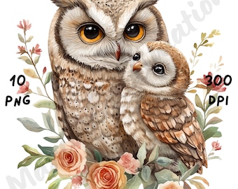 10 PNG Cute Owl Mother Clipart, Watercolor Mom Owl and Her Cubs, Whimsical Bird Clipart, Happy Mother's Day Sublimation Design, Mom Day png