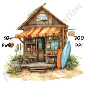 10 imágenes PNG de una peculiar tienda de playa, una divertida escena de acuarela con dibujos de una tienda de playa para revistas, álbumes de recortes, tarjetas y manualidades digitales.