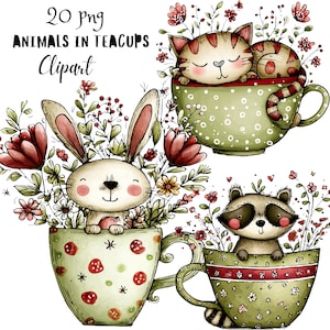 Può includere: Clipart digitale con tre adorabili animali in tazze da tè. Un gatto, un coniglio e un procione sono raffigurati in tazze da tè decorative piene di fiori. Le tazze sono verdi con dettagli rossi e bianchi. Il testo "20 png ANIMALS IN TEACUPS Clipart" è in alto.