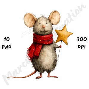 Può includere: Illustrazione ad acquerello di un simpatico topo con una sciarpa rossa e una stella d'oro su un bastone. Il topo ha grandi orecchie e una lunga coda. L'immagine include il testo "10 PNG" e "300 DPI".