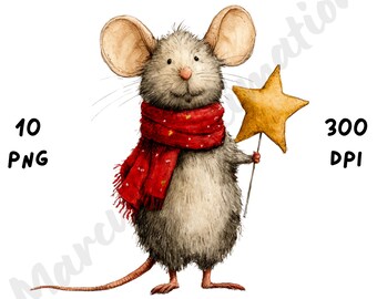 10 PNG schrullige Weihnachtsmaus Clipart, Aquarell Cartoon Maus hält einen Stern, wunderliche Wintertier Sublimation für Kunsthandwerk & Zeitschriften