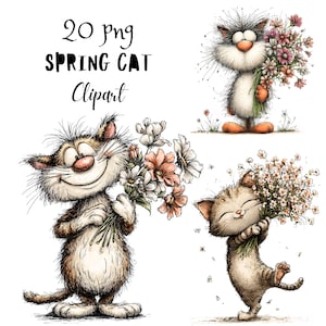 Blommig katt nyckfull clipart, rolig vårdjurskaraktär PNG, udda blommor grafik (kommersiellt bruk)