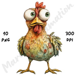 10 imágenes PNG de pollos peculiares: sublimación de un gallo de dibujos animados extravagantes, animales de granja divertidos y alocados, arte de acuarela, descarga digital PNG