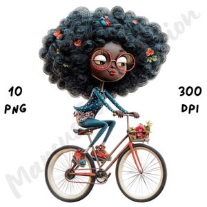 10 PNG de chica negra en bicicleta, dibujo de chica afro en bicicleta, sublimación de chica caprichosa, acuarela imprimible, descarga instantánea