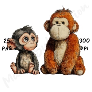 May include: Two soft toy monkeys. One is a small, dark grey monkey with a sweet expression. The other is a larger, brown monkey with a fluffy texture. The image includes the text "25 PNG" and "300 DPI".