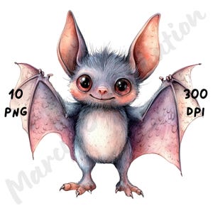 10 imágenes PNG de murciélagos adorables y peculiares, sublimación divertida y caprichosa de Halloween, imágenes prediseñadas de murciélagos de acuarela para diarios basura y álbumes de recortes.