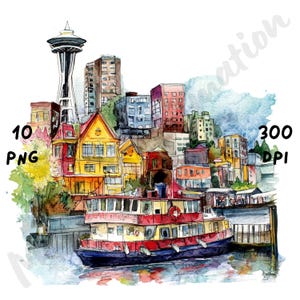 10 imágenes PNG de escenas peculiares de Seattle, paisaje urbano de Seattle en acuarela, paisaje urbano caprichoso, imágenes prediseñadas de vistas de EE. UU., arte de viajes de dibujos animados para manualidades