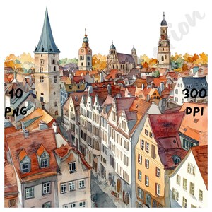10 imágenes PNG de escenas peculiares de Múnich, vista de la ciudad de Múnich en acuarela, paisaje urbano extravagante de Alemania, imágenes prediseñadas de paisajes urbanos, arte de viajes de dibujos animados