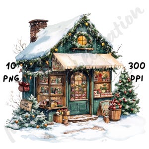 10 imágenes PNG de una peculiar tienda de regalos navideños: una escena de mercado navideño con dibujos animados en acuarela para revistas, álbumes de recortes y manualidades digitales.