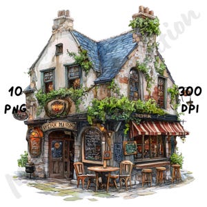 10 imágenes PNG de bares irlandeses peculiares, escena de pub irlandés con dibujos de acuarela para diarios basura, álbumes de recortes, creación de tarjetas y manualidades digitales.