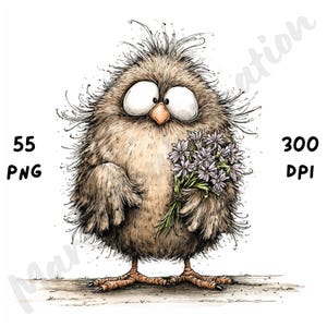 Puede incluir: Ilustraci&oacute;n caprichosa de un p&aacute;jaro marr&oacute;n y esponjoso con ojos grandes y un pico naranja, sosteniendo un ramo de flores moradas. La imagen incluye el texto "55 PNG" y "300 DPI".