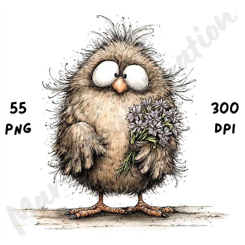 Puede incluir: Ilustraci&oacute;n caprichosa de un p&aacute;jaro marr&oacute;n y esponjoso con ojos grandes y un pico naranja, sosteniendo un ramo de flores moradas. La imagen incluye el texto "55 PNG" y "300 DPI".