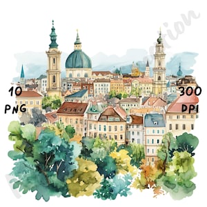 10 imágenes prediseñadas de escenas peculiares de Viena, vista de la ciudad de Viena en acuarela, paisaje caprichoso de Austria, imágenes prediseñadas de paisajes urbanos de dibujos animados, arte de viajes